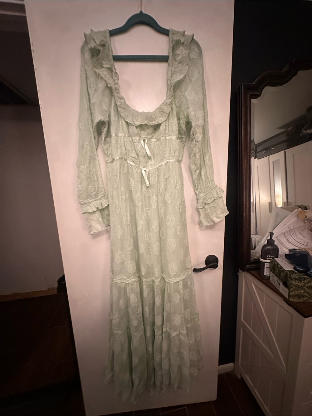 Free People Pale Mint Long Sleeve Maxi Dress with Ruffle Neckline